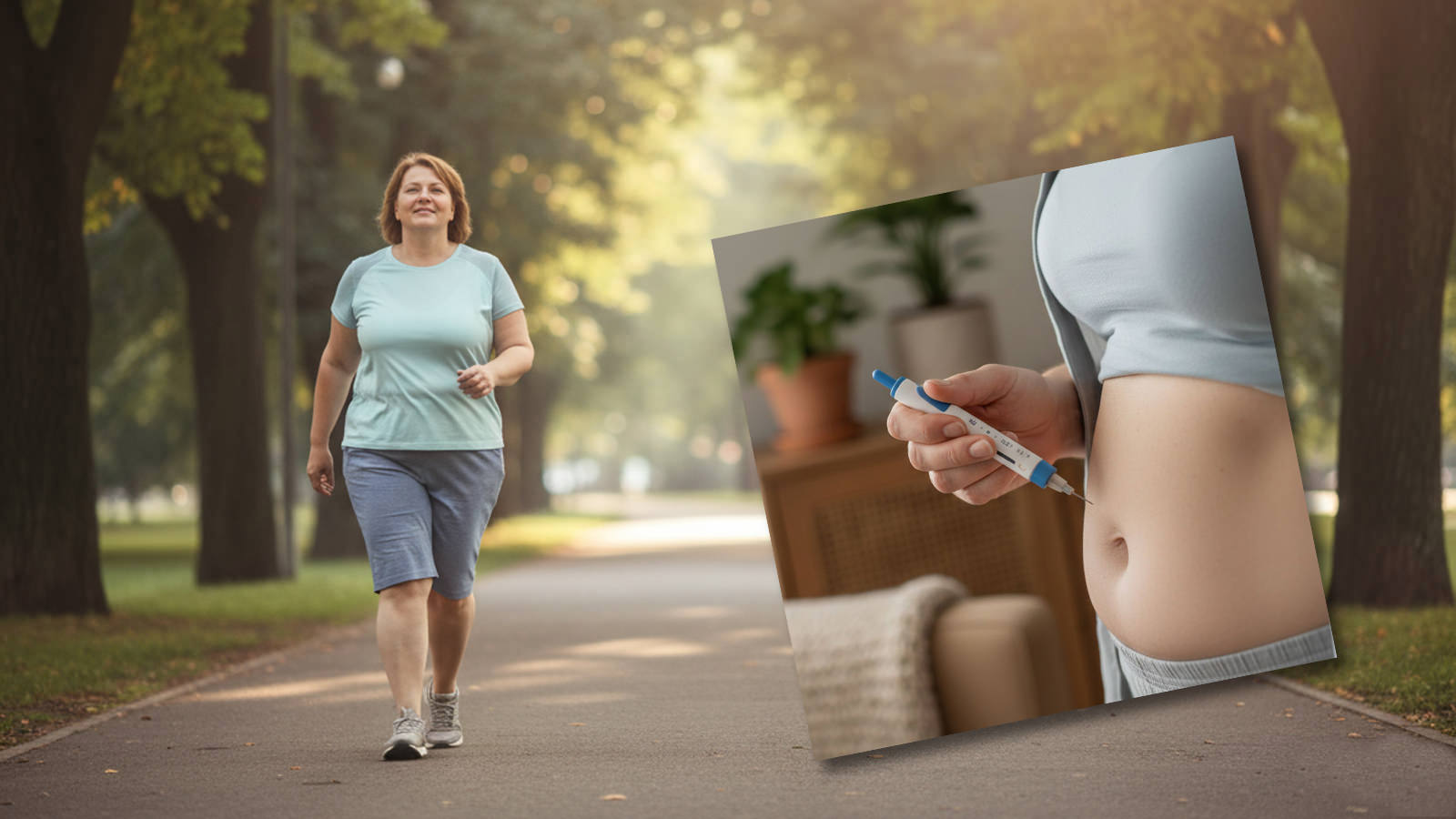 Leicht übergeichtige Frau beim Spaziergang im Park